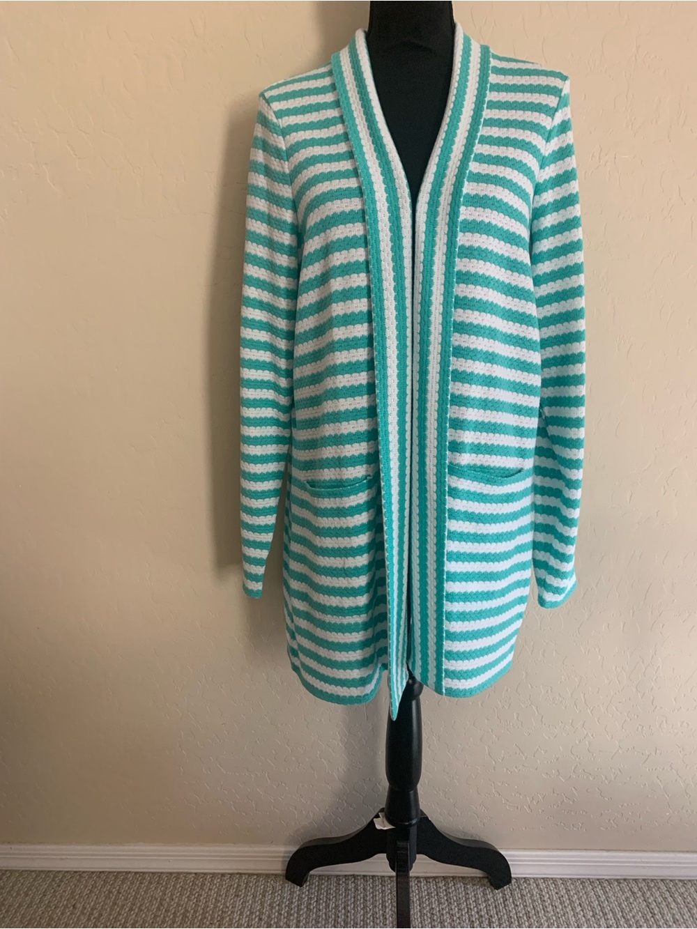 Belle by Kim Gravel Striped Open-Front Cardigan in Aqua and White